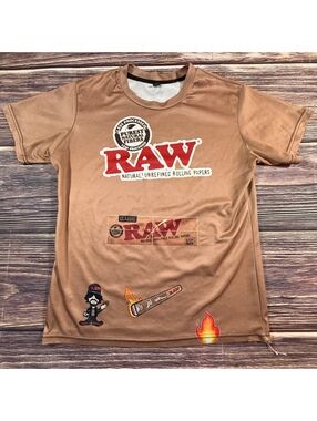 RAW Rolling Papers Graphic T-Shirt L Brown Sublimated Print Mesh Stoner Shirt